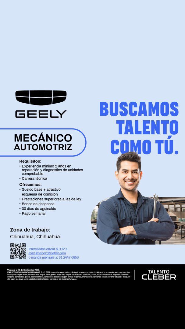 Banner del anuncio de la vacante: GEELY · MECÁNICO · AUTOMOTRIZ · BUSCAMOS · TALENTO · COMO TÚ. · Requisitos: · • Experiencia minimo 2 años en · reparación y diagnostico de u