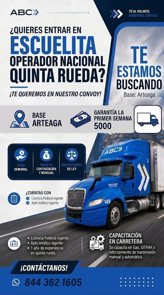 Banner del anuncio de la vacante: ABC» · ¿QUIERES ENTRAR EN · ESCUELITA · OPERADOR NACIONAL · QUINTA RUEDA? · ¡TE QUEREMOS EN NUESTRO CONVOY! · TÚ AL VOLANTE, · NOSOTROS CONT