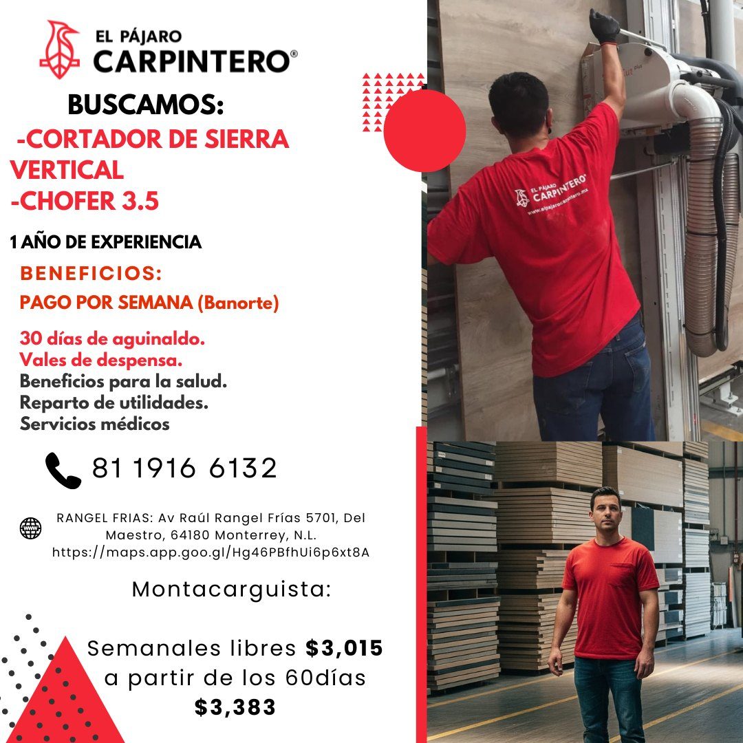 Banner del anuncio de la vacante: EL PÁJARO · CARPINTERO® · BUSCAMOS: · -CORTADOR DE SIERRA · VERTICAL · -CHOFER 3.5 · 1 AÑO DE EXPERIENCIA · BENEFICIOS: · PAGO POR SEMANA (B