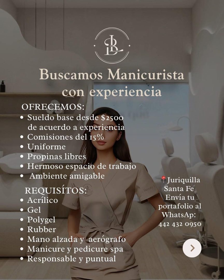 Banner del anuncio de la vacante: Buscamos Manicurista · con experiencia · OFRECEMOS: · • Sueldo base desde $2500 · de acuerdo a experiencia · • Comisiones del 15% · • Unifor