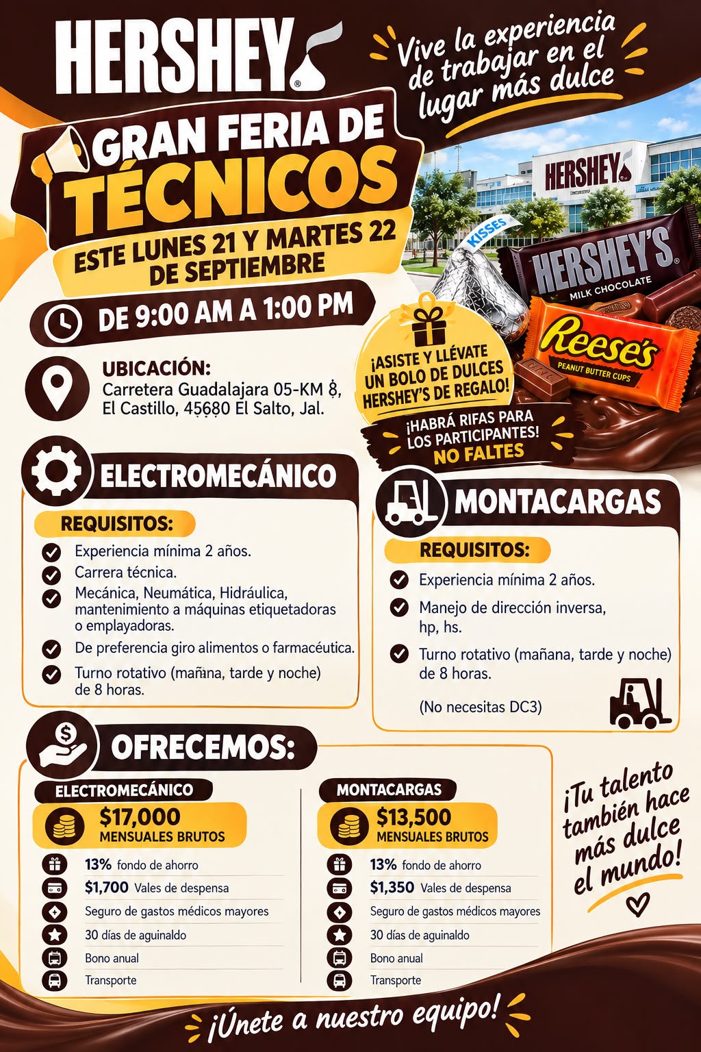 Banner del anuncio de la vacante: HERSHEYS · AGRAN FERIA DE · TÉCNICOS · ESTE LUNES 21 Y MARTES 22 · DE SEPTIEMBRE · DE 9:00 AM A 1:00 PM · Vive la experiencia · de trabajar 