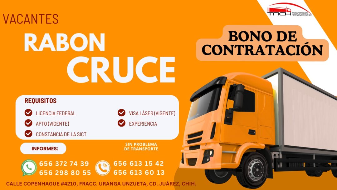Banner del anuncio de la vacante: TREK · VACANTES · RABON · CRUCE · NORTE DE CHIHUAHUA · BONO DE · CONTRATACIÓN · REQUISITOS · LICENCIA FEDERAL · APTO (VIGENTE) · CONSTANCIA 