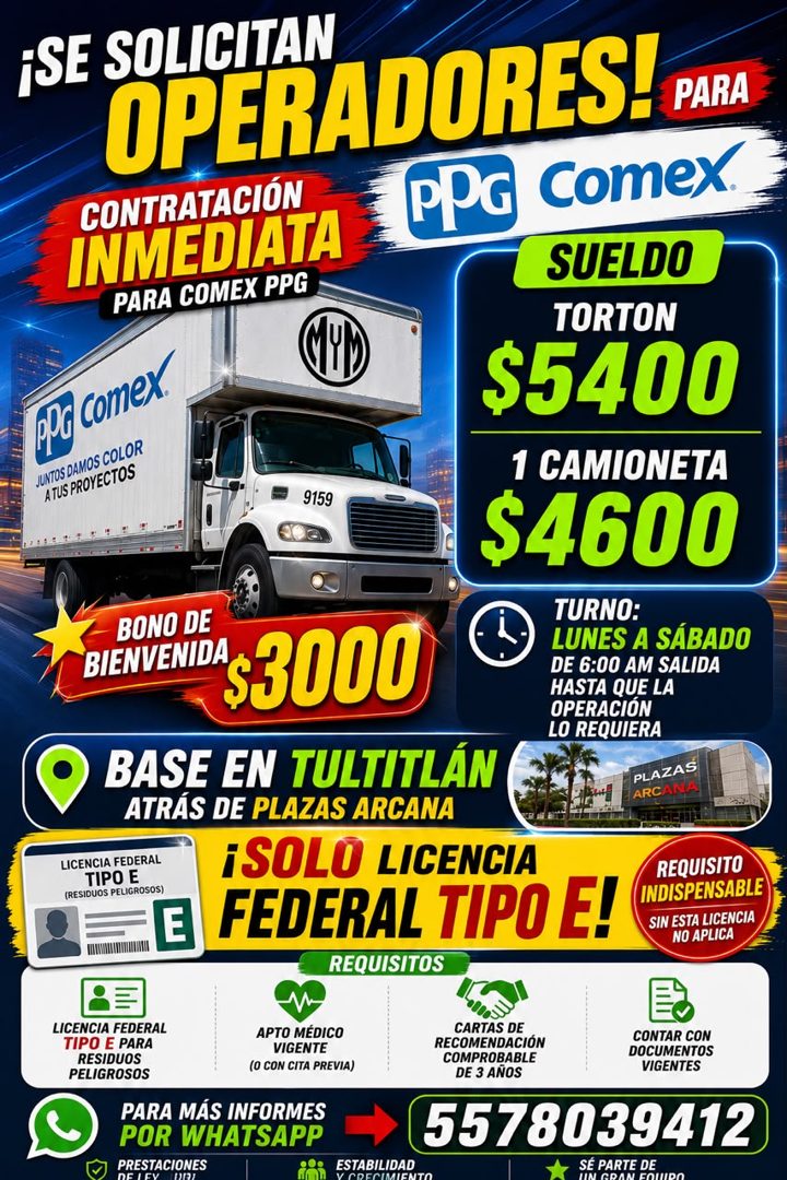 Banner del anuncio de la vacante: ¡SE SOLICITAN · OPERADORES. PARA · CONTRATACIÓN · PPG · Comex. · INMEDIATA · PARA COMEX PPG · 10g Comex. · JUNTOS DAMOS COLOR · A TUS PROYEC