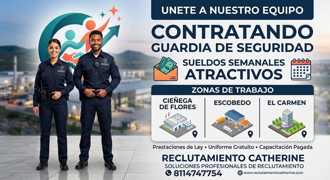 Banner del anuncio de la vacante: UNETE A NUESTRO EQUIPO · CONTRATANDO · GUARDIA DE SEGURIDAD · SUELDOS SEMANALES · -0-0-00- · ATRACTIVOS · ZONAS DE TRABAJO · CIEÑEGA · DE FL