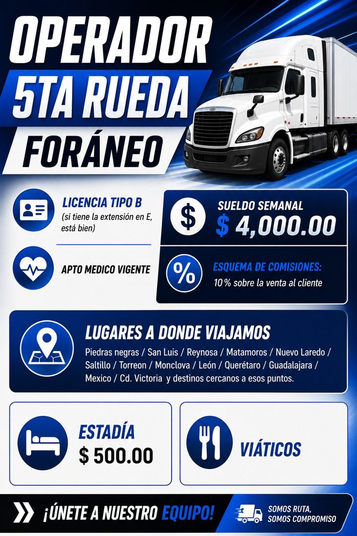 Banner del anuncio de la vacante: OPERADOR · 5TA RUEDA · FORÁNEO · LICENCIA TIPO B · (si tiene la extensión en E, · está bien) · $ · APTO MEDICO VIGENTE · SUELDO SEMANAL · $ 