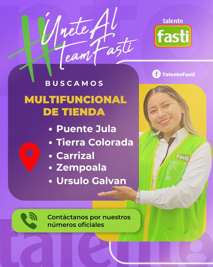 Banner del anuncio de la vacante: BUSCAMOS · MULTIFUNCIONAL · DE TIENDA · • Puente Jula · • Tierra Colorada · • Carrizal · • Zempoala · • Ursulo Galvan · Contáctanos por nues