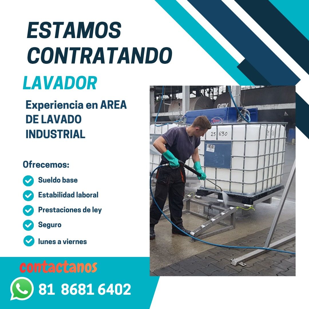 Banner del anuncio de la vacante: ESTAMOS · CONTRATANDO · LAVADOR · Experiencia en AREA · DE LAVADO · INDUSTRIAL · Ofrecemos: · • Sueldo base · y Estabilidad laboral · y Pres