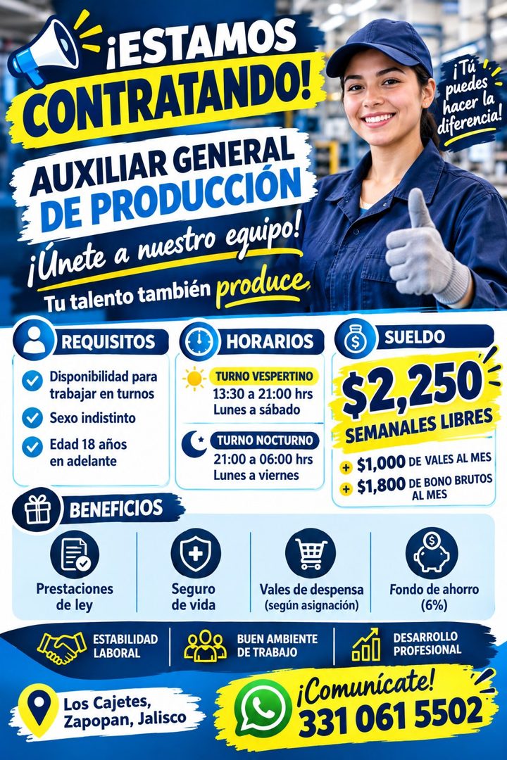 Banner del anuncio de la vacante: ¡ESTAMOS · CONTRATANDO! · AUXILIAR GENERAL · DE PRODUCCIÓN · ¡Unete a nuestro equipo! · Tu talento también produce, · REQUISITOS · HORARIOS 