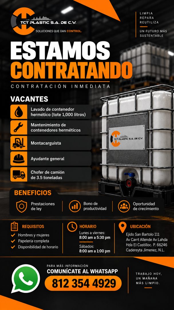 Banner del anuncio de la vacante: TCT PLASTIC S.A. DE C.V. · SOLUCIONES QUE DAN CONTROL. · ESTAMOS · CONTRATANDO · CONTRATACIÓN INMEDIATA · VACANTES · Lavado de contenedor · 