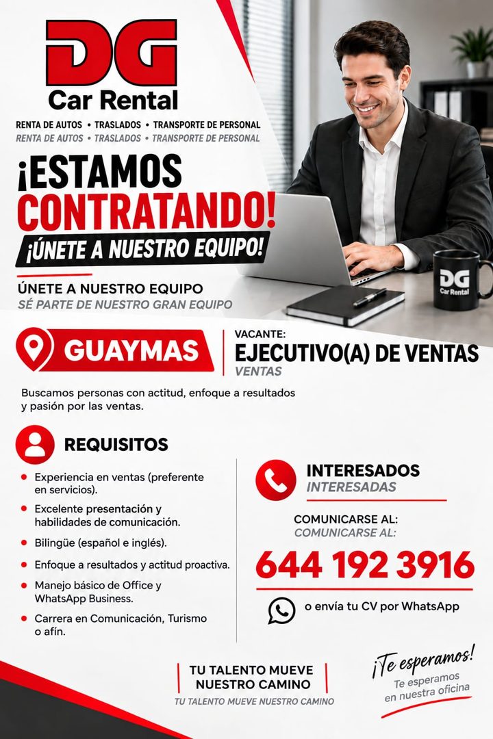Banner del anuncio de la vacante: Car Rental · RENTA DE AUTOS • TRASLADOS • TRANSPORTE DE PERSONAL · RENTA DE AUTOS • TRASLADOS • TRANSPORTE DE PERSONAL · ¡ESTAMOS · CONTRATA