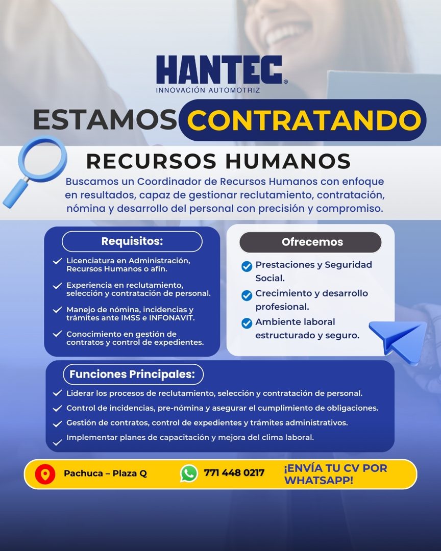 Banner del anuncio de la vacante: HANTEC. · INNOVACIÓN AUTOMOTRIZ · ESTAMOS CONTRATANDO · RECURSOS HUMANOS · Buscamos un Coordinador de Recursos Humanos con enfoque · en resu