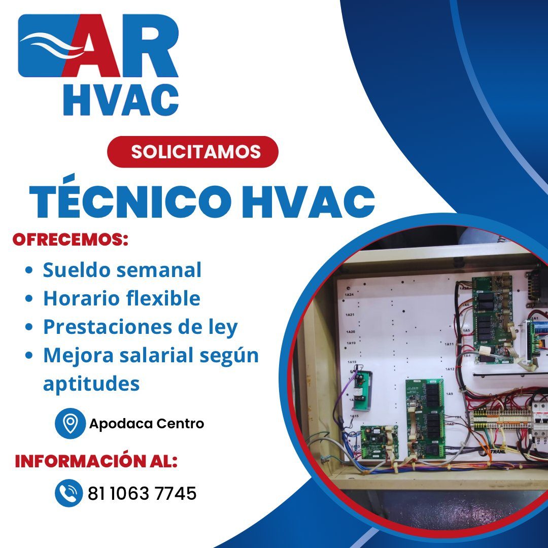 Banner del anuncio de la vacante: AR · HVAC · SOLICITAMOS · TÉCNICO HVAC · OFRECEMOS: · • Sueldo semanal · • Horario flexible · • Prestaciones de ley · 1A21 · 1A20 · • Mejora