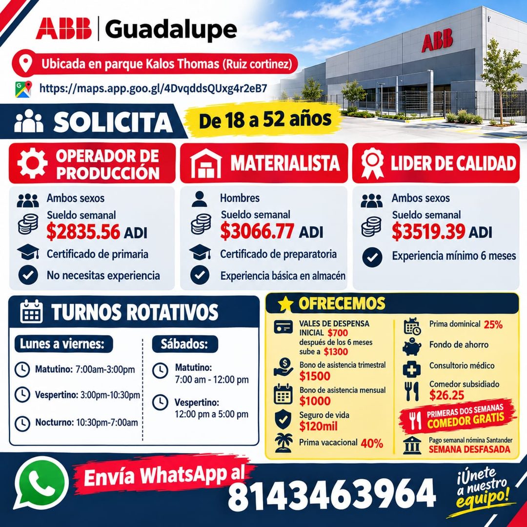Banner del anuncio de la vacante: ABB · Guadalupe · Ubicada en parque Kalos Thomas (Ruiz cortinez) · https://maps.app.goo.gl/4DvqddsQUxg4r2eB7 · SOLICITA · De 18 a 52 años · 