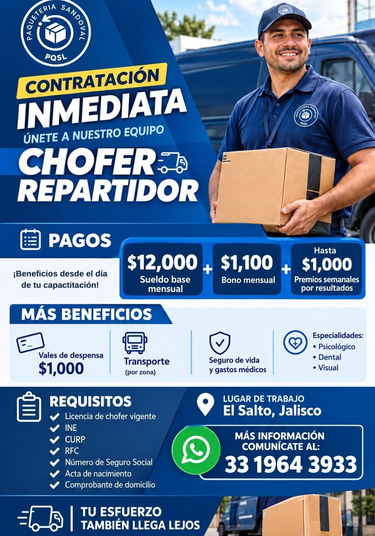 Banner del anuncio de la vacante: SANDOL · PQSL · CONTRATACIÓN · INMEDIATA · ÚNETE A NUESTRO EQUIPO · CHOFER .2 · REPARTIDOR · PAGOS · ¡Beneficios desde el día · de tu capaci