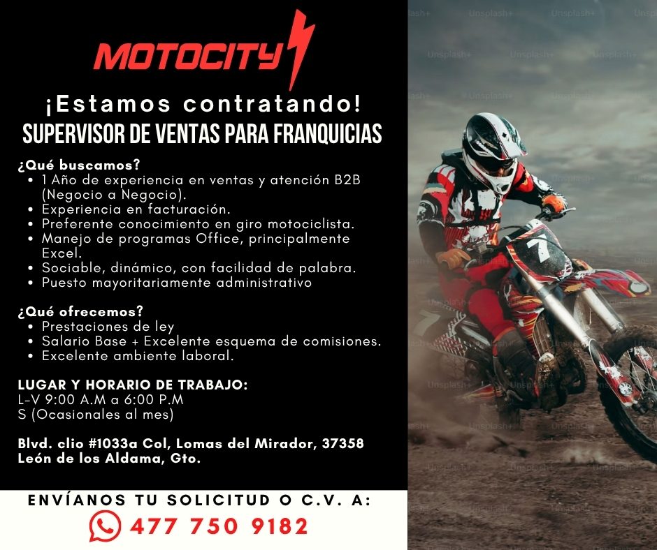 Banner del anuncio de la vacante: MOTOCITS4 · ¡Estamos contratando! · SUPERVISOR DE VENTAS PARA FRANQUICIAS · ¿Qué buscamos? · • 1 Año de experiencia en ventas y atención B2B