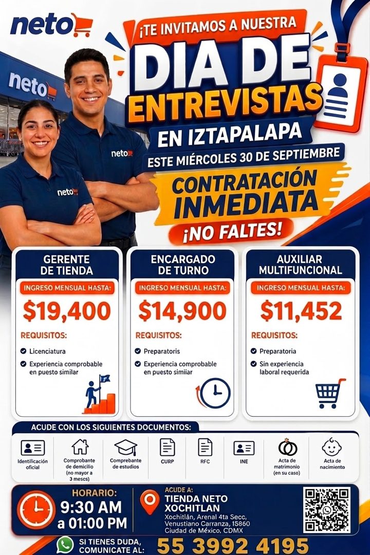 Banner del anuncio de la vacante: neto® · neto · neto. · neto · GERENTE · DE TIENDA · INGRESO MENSUAL HASTA: · $19,400 · REQUISITOS: · • Licenciatura · Experiencia comprobabl