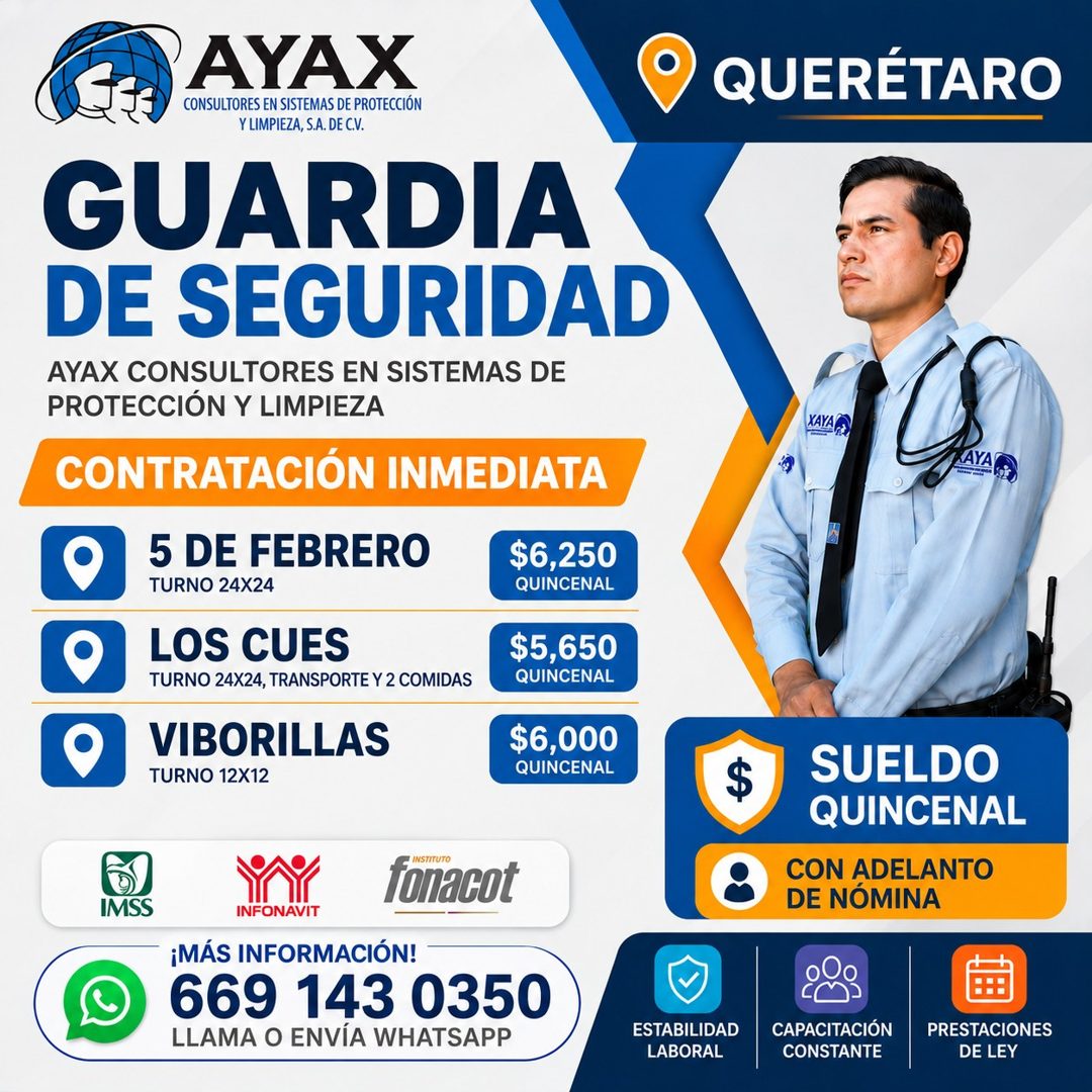 Banner del anuncio de la vacante: AYAX · CONSULTORES EN SISTEMAS DE PROTECCIÓN · Y LIMPIEZA, S.A. DE C.V. · GUARDIA · DE SEGURIDAD · AYAX CONSULTORES EN SISTEMAS DE · PROTECC