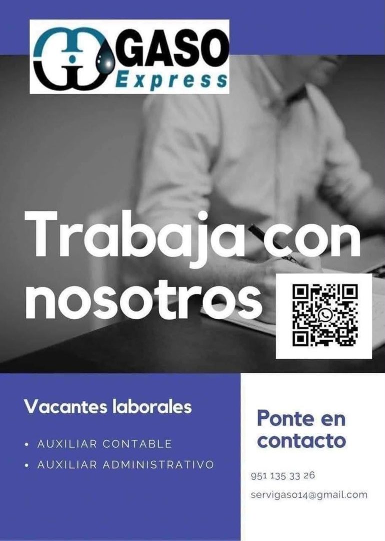 Banner del anuncio de la vacante: G GASO · Express · Trabaja con · nosotros · Vacantes laborales · • AUXILIAR CONTABLE · • AUXILIAR ADMINISTRATIVO · Ponte en · contacto · 951
