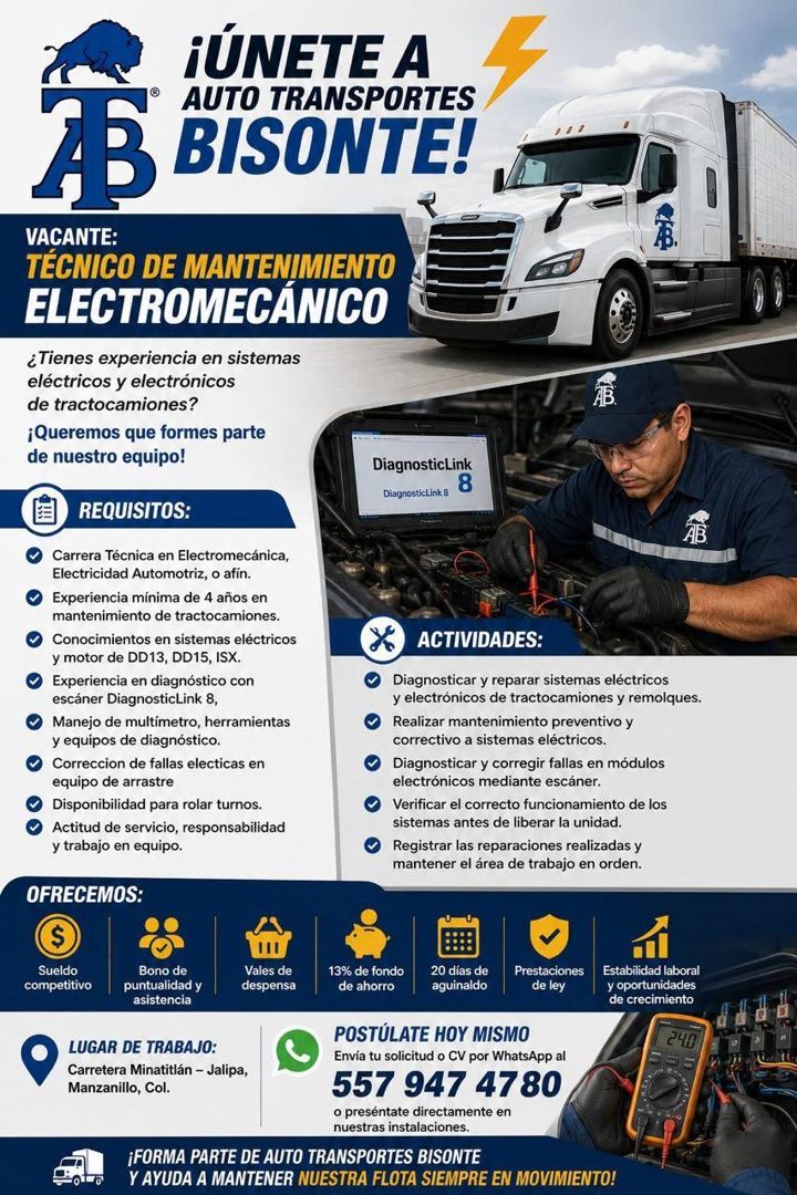 Banner del anuncio de la vacante: ¡ÚNETE A · AUTO TRANSPORTES · AB BISONTE! · VACANTE: · TECNICO DE MANTENIMIENTO · ELECTROMECÁNICO · ¿Tienes experiencia en sistemas · eléctr