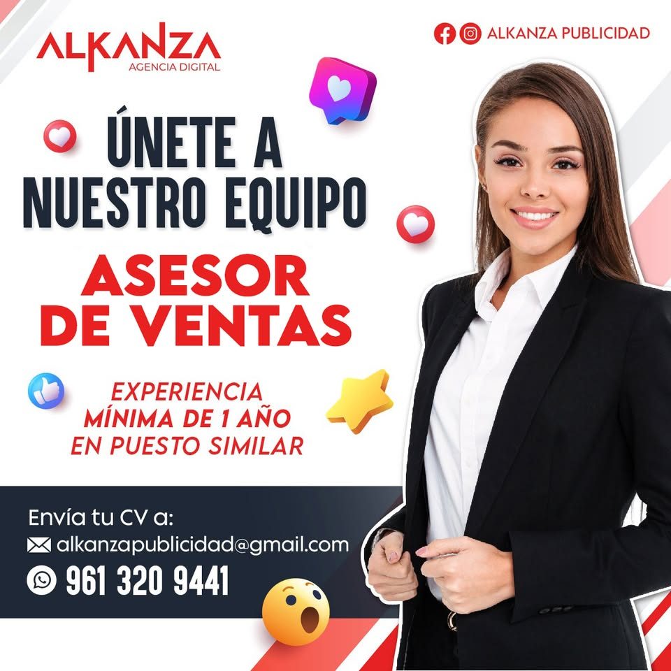 Banner del anuncio de la vacante: ALKANZA · AGENCIA DIGITAL · ÚNETE A · NUESTRO EQUIPO · ASESOR · DE VENTAS · EXPERIENCIA · MÍNIMA DE 1 AÑO · EN PUESTO SIMILAR · Envía tu CV 