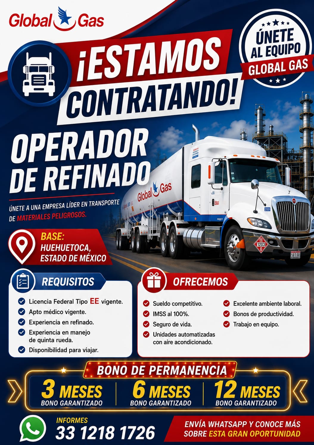 Banner del anuncio de la vacante: Global · Gas · ¡ESTAMOS · CONTRATANDO! · OPERADOR · DE REFINADO · Coa & Gas · ÚNETE A UNA EMPRESA LÍDER EN TRANSPORTE · DE MATERIALES PELIGR