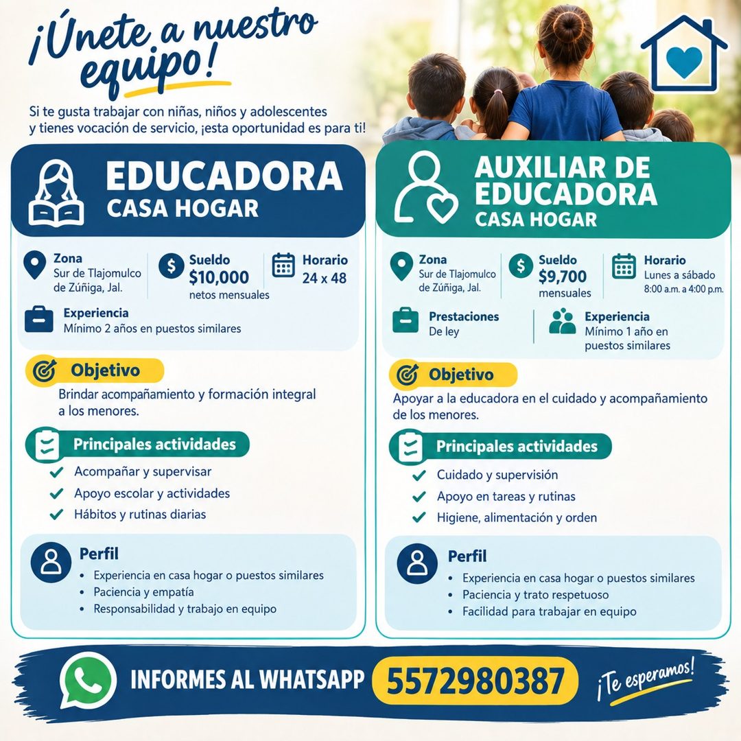 Banner del anuncio de la vacante: ¡Únete a nuestro · equipo! · Si te gusta trabajar con niñas, niños y adolescentes · y tienes vocación de servicio, ¡esta oportunidad es para