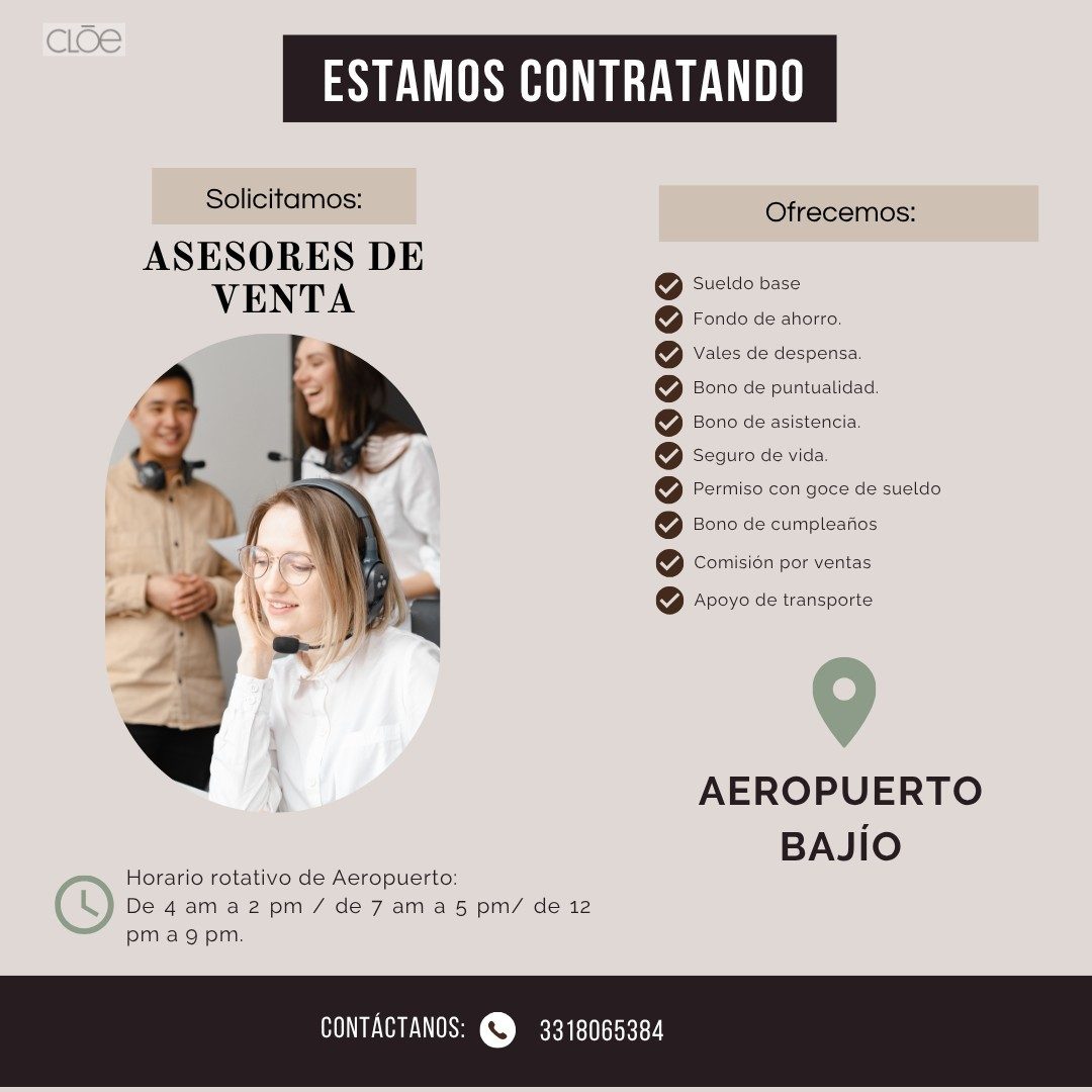 Banner del anuncio de la vacante: CLõe · ESTAMOS CONTRATANDO · Solicitamos: · ASESORES DE · VENTA · Ofrecemos: · Sueldo base · Fondo de ahorro. · Vales de despensa. · Bono de