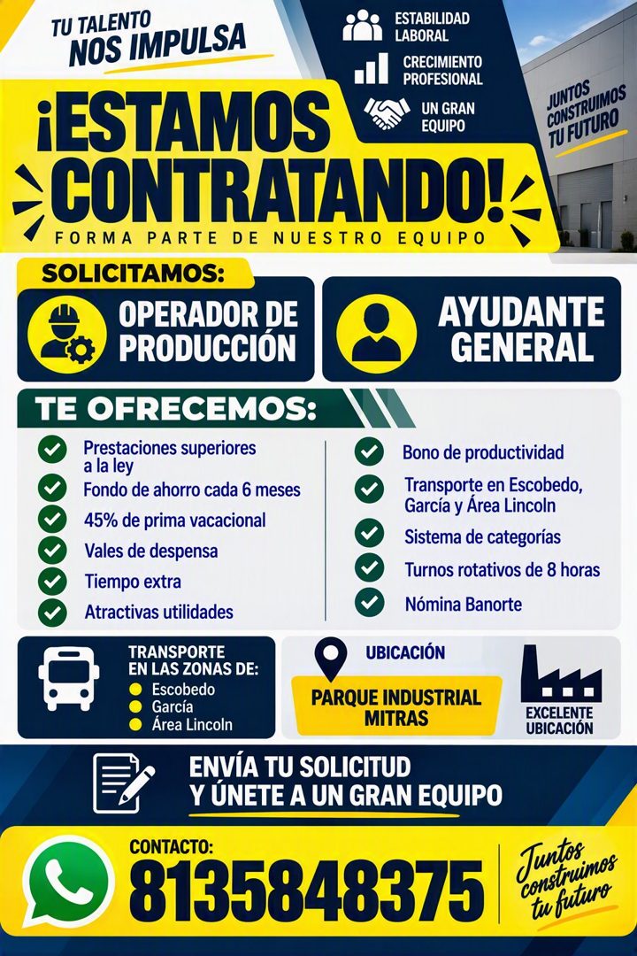 Banner del anuncio de la vacante: TU TALENTO · NOS IMPULSA · ESTABILIDAD · LABORAL · CRECIMIENTO · PROFESIONAL · ¡ESTAMOS · UN GRAN · EQUIPO · CONTRATANDO! · FORMA PARTE DE N