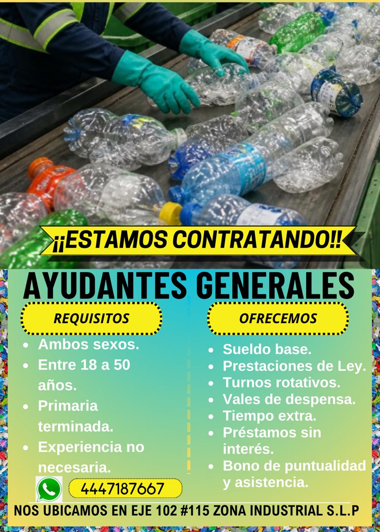 Banner del anuncio de la vacante: ¡¡ESTAMOS CONTRATANDO!! · AYUDANTES GENERALES · REQUISITOS · OFRECEMOS · • · Ambos sexos. · • Entre 18 a 50 · años. · • Primaria · terminada