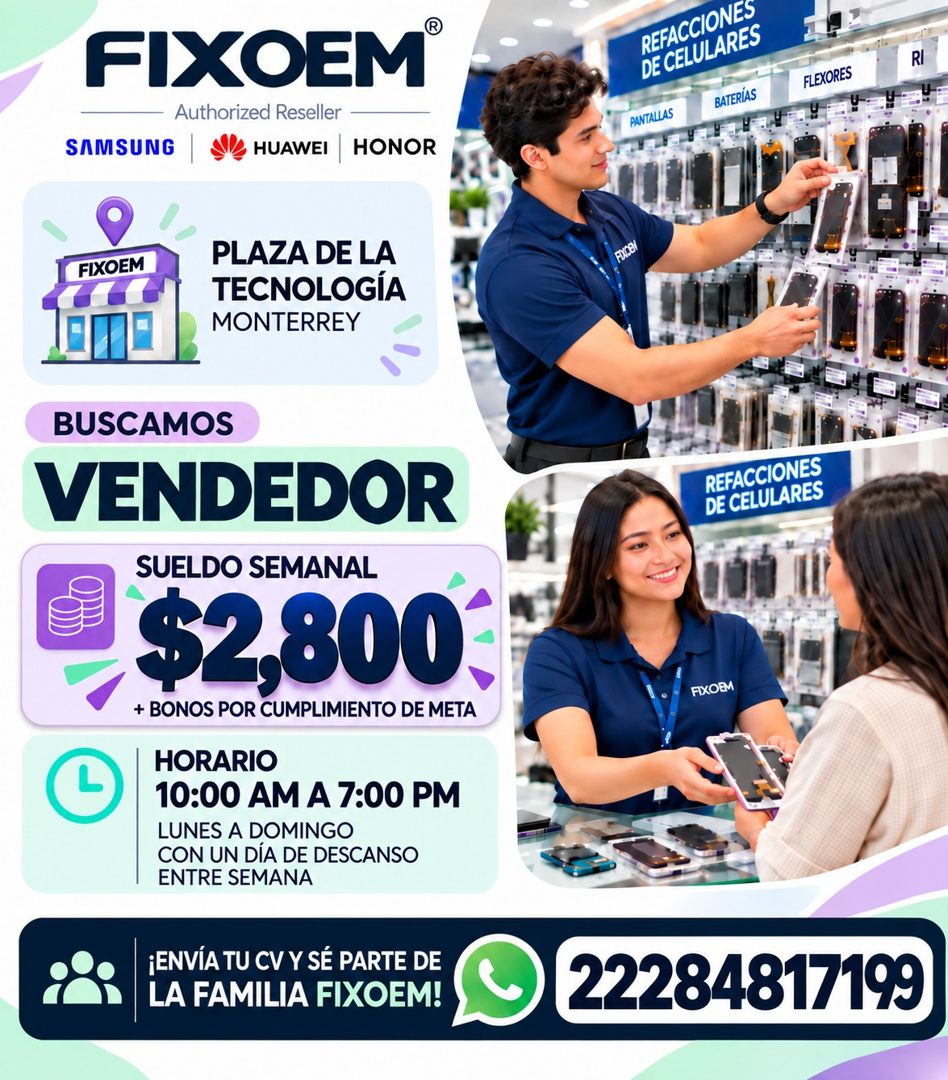 Banner del anuncio de la vacante: FIXOEM® · Authorized Reseller · SAMSUNG · HUAWEI · HONOR · PANTALLAS · REFACCIONES · DE CELULARES · BATERÍAS · RI · FLEXORES · FIXOEM · PLAZ
