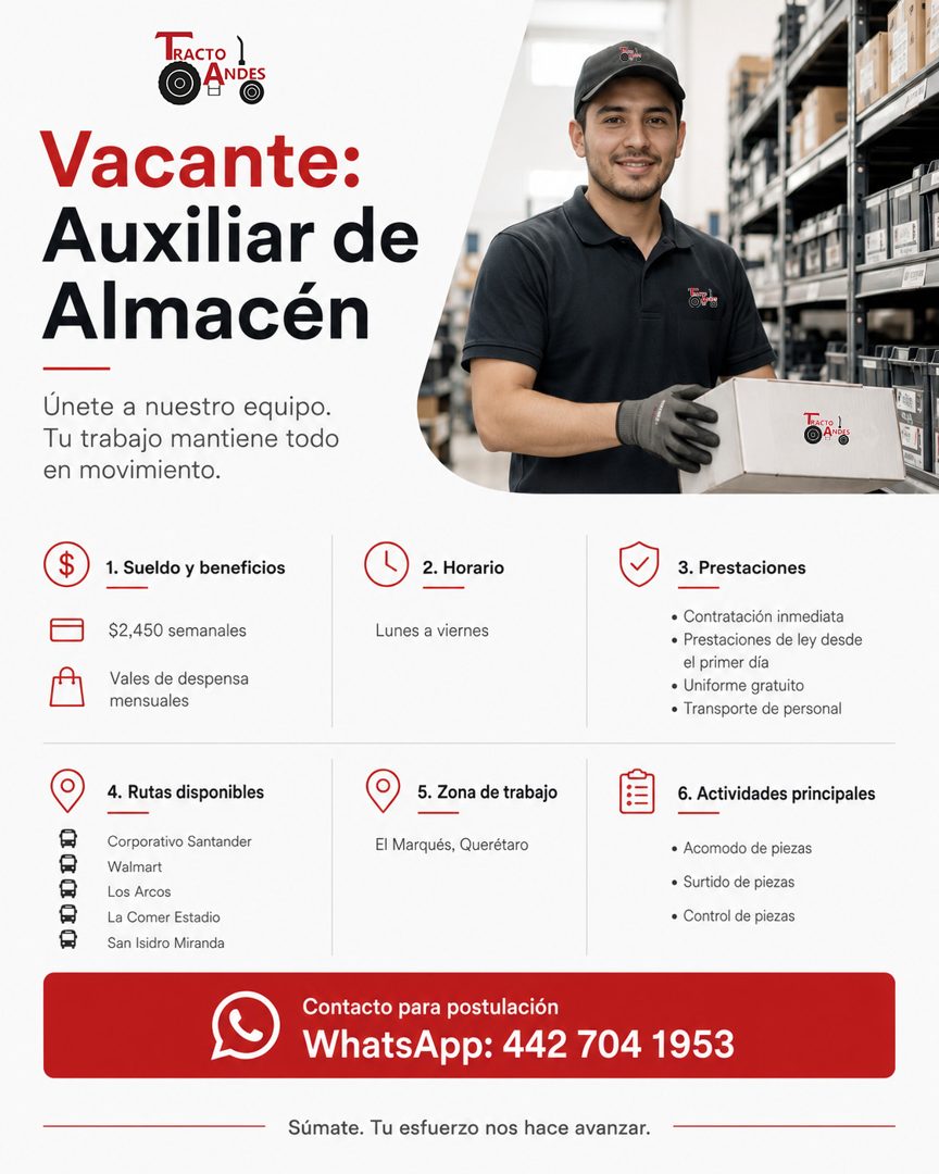 Banner del anuncio de la vacante: TRACTO ! · ANDES · Vacante: · Auxiliar de · Almacén · Ojet · Únete a nuestro equipo. · Tu trabajo mantiene todo · en movimiento. · $ · 1. Su