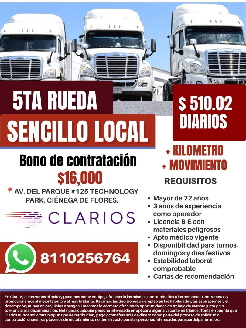 Banner del anuncio de la vacante: STA RUEDA · SENCILLO LOCAL · Bono de contratación · $16,000 · P AV. DEL PARQUE # 125 TECHNOLOGY · PARK, CIÉNEGA DE FLORES. · CLARIOS · $ 510