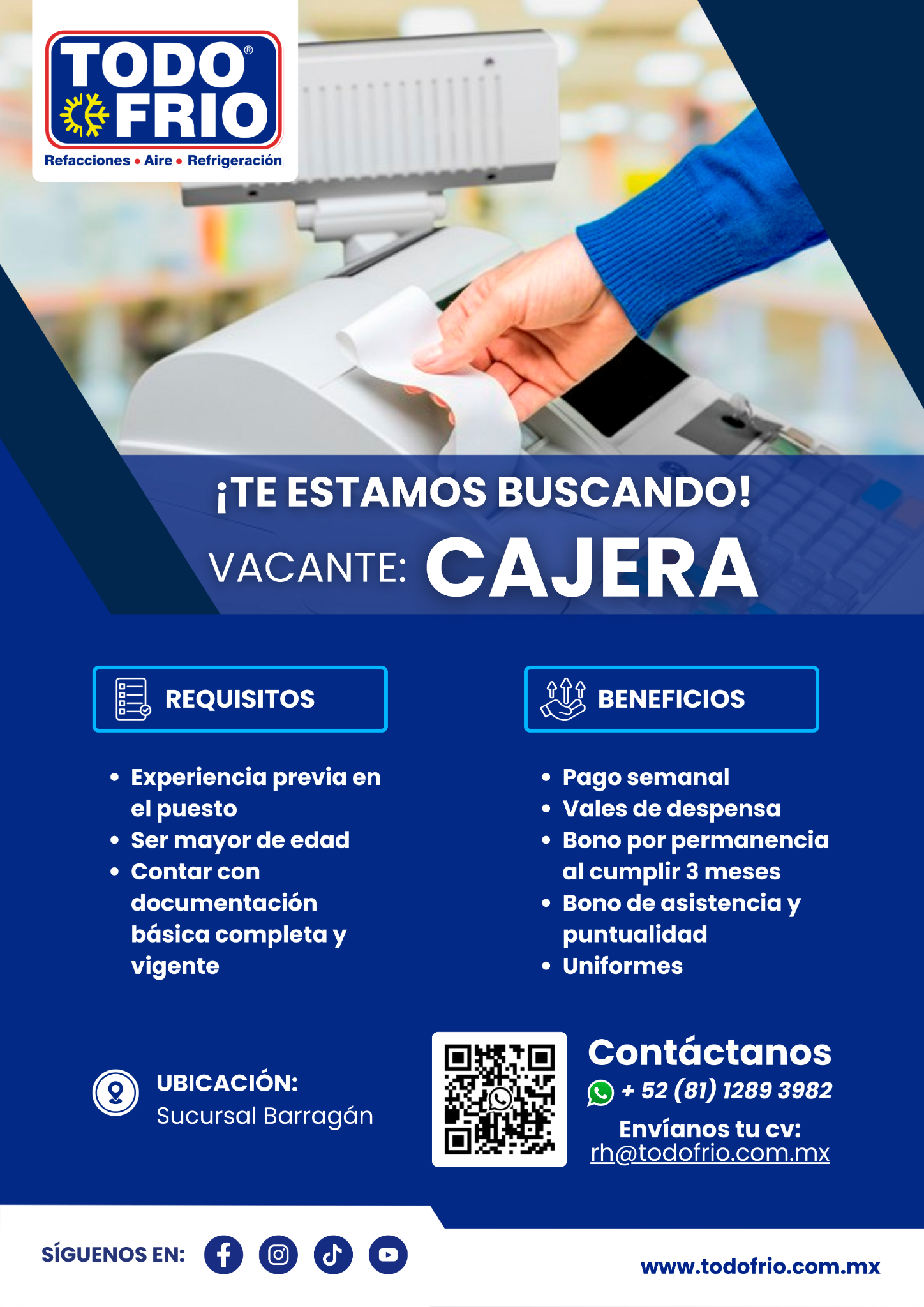 Banner del anuncio de la vacante: TODO · FRIO · Refacciones • Aire • Refrigeración · ¡TE ESTAMOS BUSCANDO! · VACANTE: CAJERA · REQUISITOS · BENEFICIOS · • Experiencia previa 