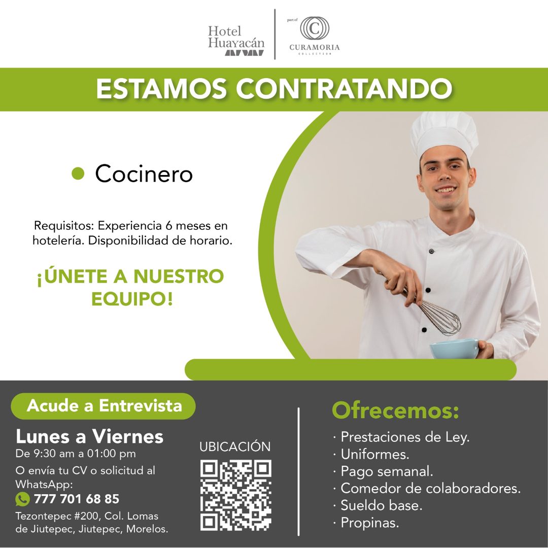 Banner del anuncio de la vacante: part of · Hotel · Huayacán · CURAMORIA · COLLECTION · ESTAMOS CONTRATANDO · • Cocinero · Requisitos: Experiencia 6 meses en · hotelería. Dis