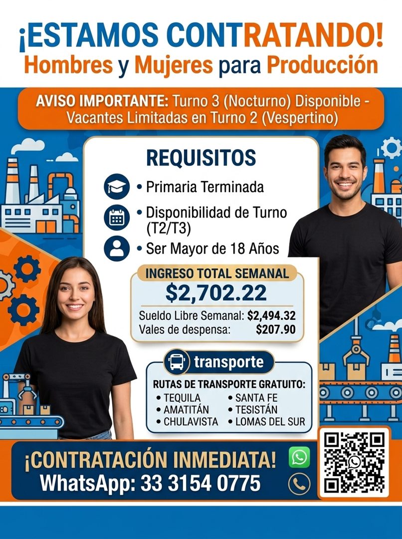 Banner del anuncio de la vacante: ¡ESTAMOS CONTRATANDO! · Hombres y Mujeres para Producción · AVISO IMPORTANTE: Turno 3 (Nocturno) Disponible - · Vacantes Limitadas en Turno 