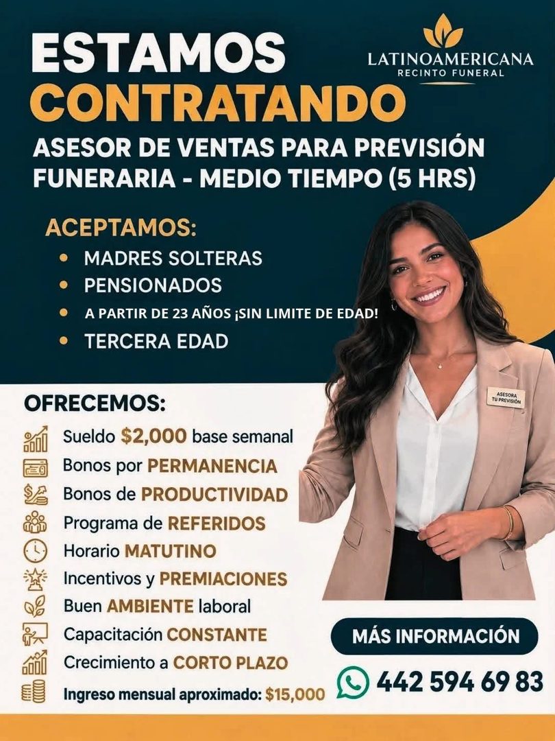 Banner del anuncio de la vacante: ESTAMOS · LATINOAMERICANA · RECINTO FUNERAL · CONTRATANDO · ASESOR DE VENTAS PARA PREVISIÓN · FUNERARIA - MEDIO TIEMPO (5 HRS) · ACEPTAMOS: 