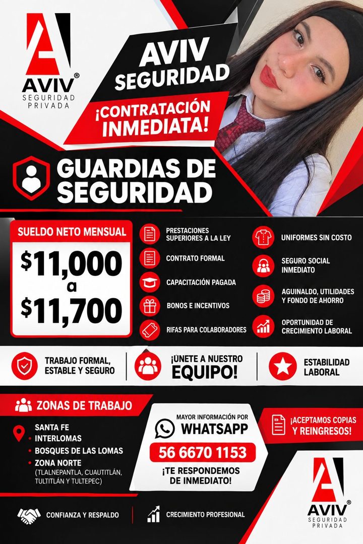 Banner del anuncio de la vacante: AVIV® · SEGURIDAD · PRIVADA · AVIV · SEGURIDAD · ¡CONTRATACIÓN · INMEDIATA! · GUARDIAS DE · SEGURIDAD · SUELDO NETO MENSUAL · $11,000 · $11,