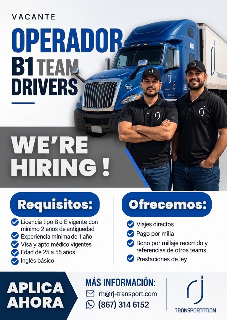 Banner del anuncio de la vacante: VACANTE · OPERADOR · B1 TEAM · DRIVERS · WE'RE · HIRING ! · Requisitos: · Licencia tipo B o E vigente con · mínimo 2 años de antigüedad · Ex