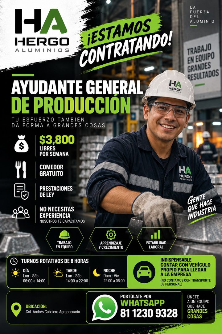 Banner del anuncio de la vacante: HA · HERGO · ALUMINIOS · LA · FUERZA · DEL · ALUMINIO · ¡ESTAMOS · CONTRATANDO! · TRABAJO · EN EQUIPO · GRANDES · RESULTADOS · AYUDANTE GENE