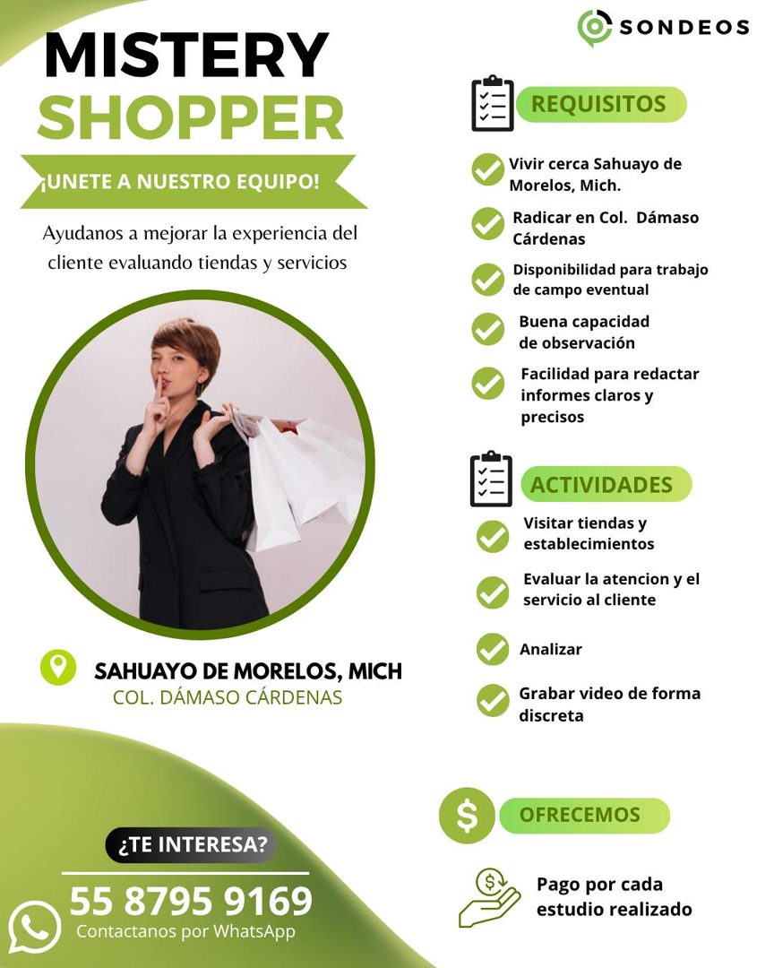 Banner del anuncio de la vacante: MISTERY · SHOPPER · ¡UNETE A NUESTRO EQUIPO! · Ayudanos a mejorar la experiencia del · cliente evaluando tiendas y servicios · SAHUAYO DE MO