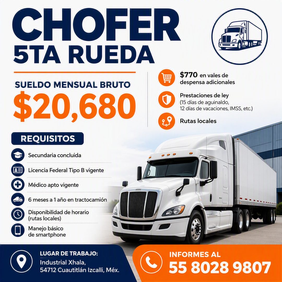 Banner del anuncio de la vacante: CHOFER · 5TA RUEDA · SUELDO MENSUAL BRUTO · $20,680 · REQUISITOS · Secundaria concluida · Licencia Federal Tipo B vigente · + · Médico apto 