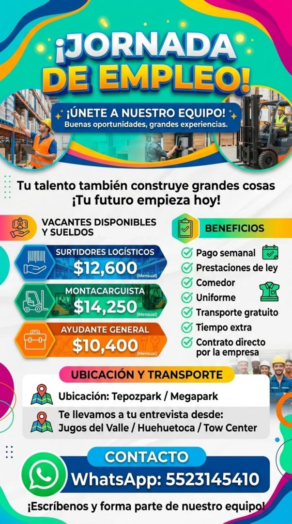 Banner del anuncio de la vacante: ¡JORNADA · DE EMPLEO! · ** ¡ÚNETE A NUESTRO EQUIPO! · Buenas oportunidades, grandes experiencias. · Tu talento también construye grandes cos