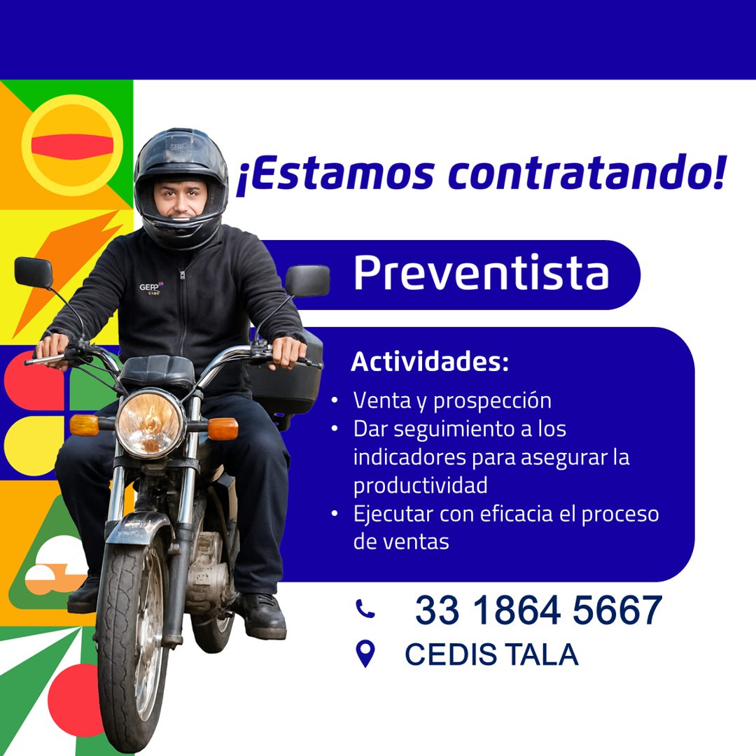 Banner del anuncio de la vacante: ¡Estamos contratando! · GEPRE · Preventista · Actividades: · • Venta y prospección · • Dar seguimiento a los · indicadores para asegurar la 