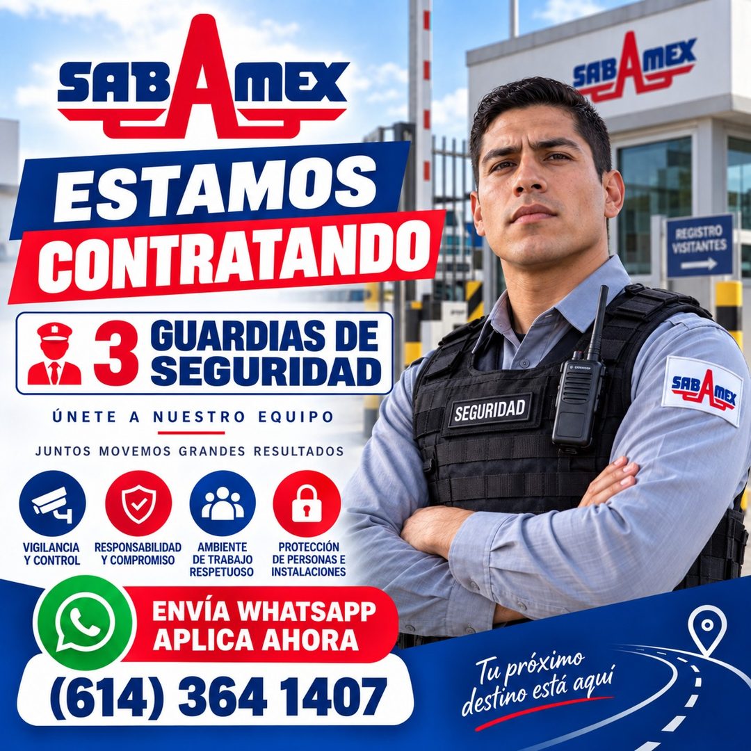 Banner del anuncio de la vacante: SABA MEX · ESTAMOS · CONTRATANDO · 3 · GUARDIAS DE · SEGURIDAD · UNETE A NUESTRO EQUIPO · JUNTOS MOVEMOS GRANDES RESULTADOS · SABA MEX · REG