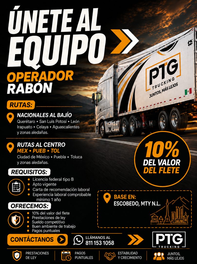 Banner del anuncio de la vacante: ÚNETE AL · EQUIPO · OPERADOR · RABON · RUTAS: · NACIONALES AL BAJÍO · Querétaro • San Luis Potosí • León · Irapuato • Celaya • Aguascaliente