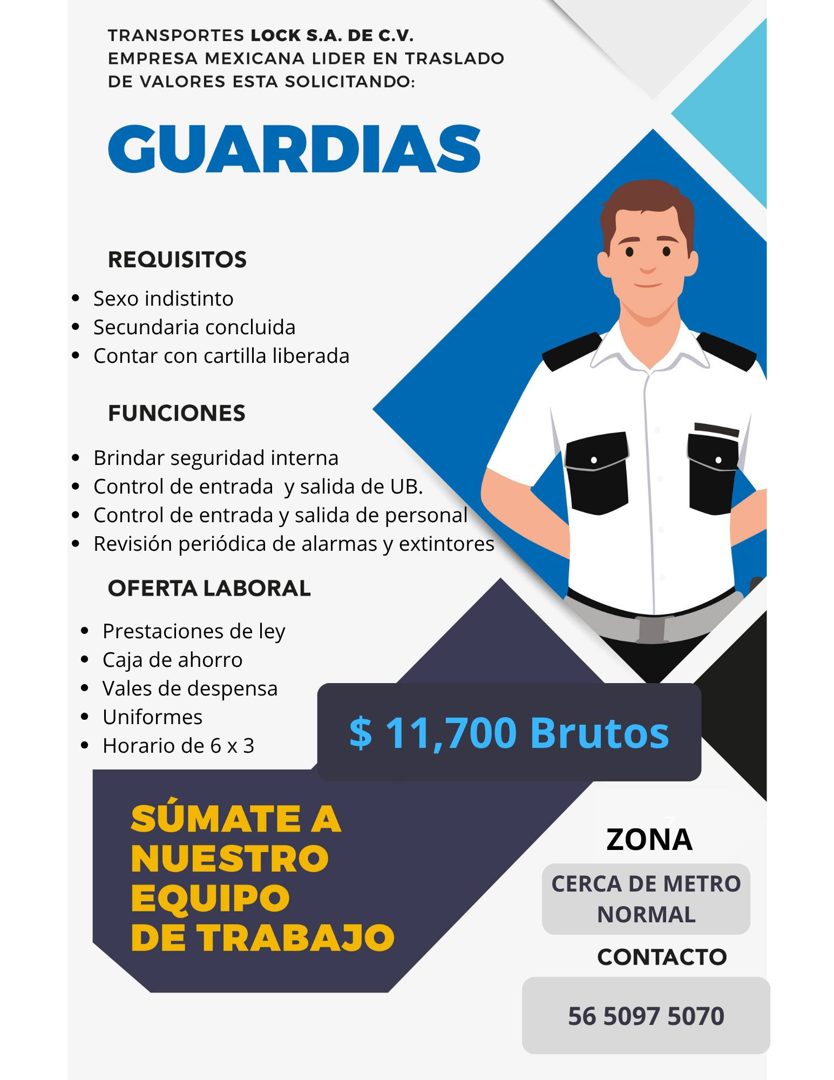 Banner del anuncio de la vacante: TRANSPORTES LOCK S.A. DE C.V. · EMPRESA MEXICANA LIDER EN TRASLADO · DE VALORES ESTA SOLICITANDO: · GUARDIAS · REQUISITOS · • Sexo indistint