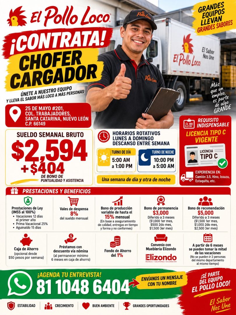 Banner del anuncio de la vacante: FE El Pollo Loco · ¡CONTRATA! · CHOFER · CARGADOR · ÚNETE A NUESTRO EQUIPO · Y LLEVA EL SABOR MÁS LOCO A MÁS PERSONAS · 25 DE MAYO #201, · C