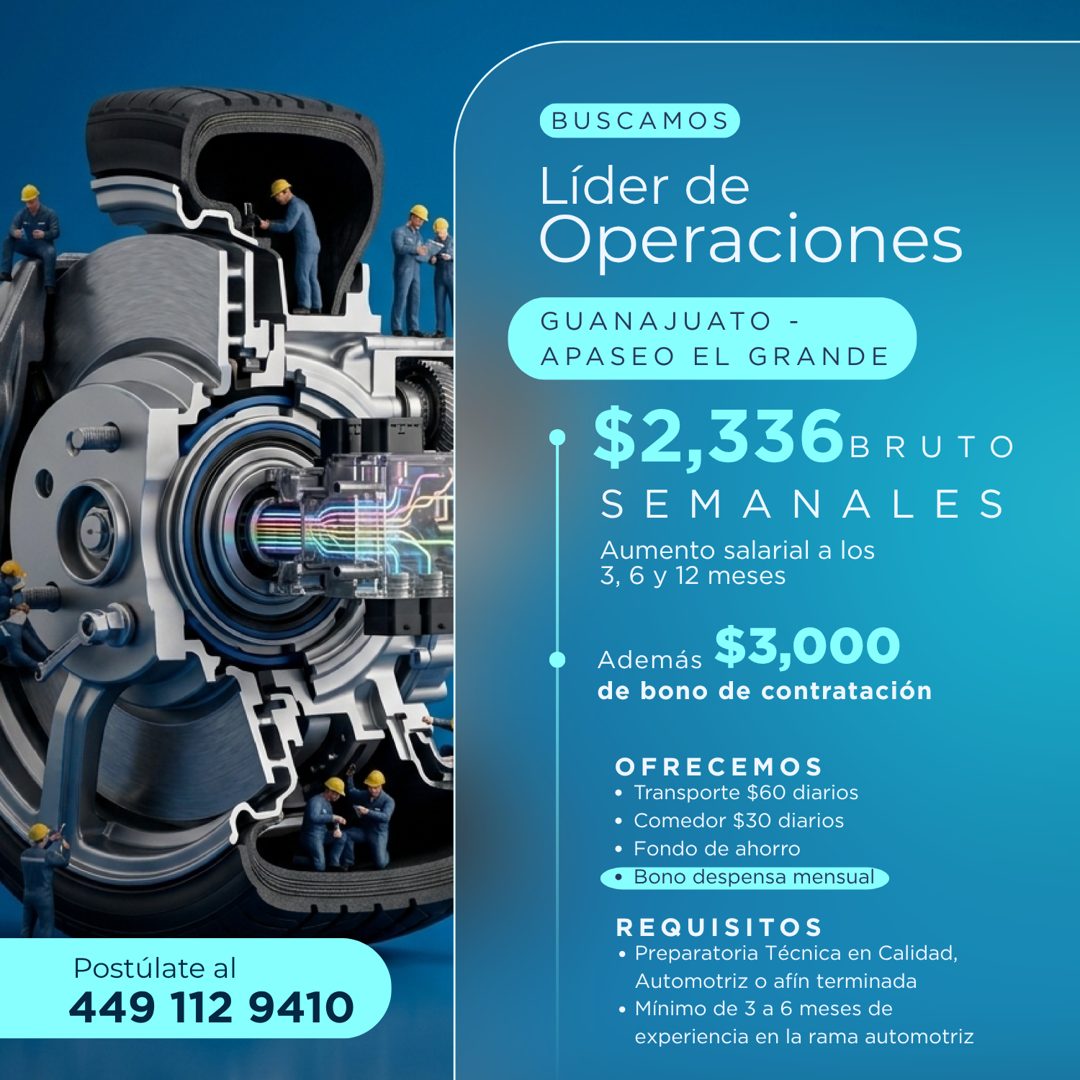 Banner del anuncio de la vacante: BUSCAMOS · Líder de · Operaciones · GUANAJUATO - · APASEO EL GRANDE · $2,336B RUTO · SEMANALES · Aumento salarial a los · 3, 6 y 12 meses · 