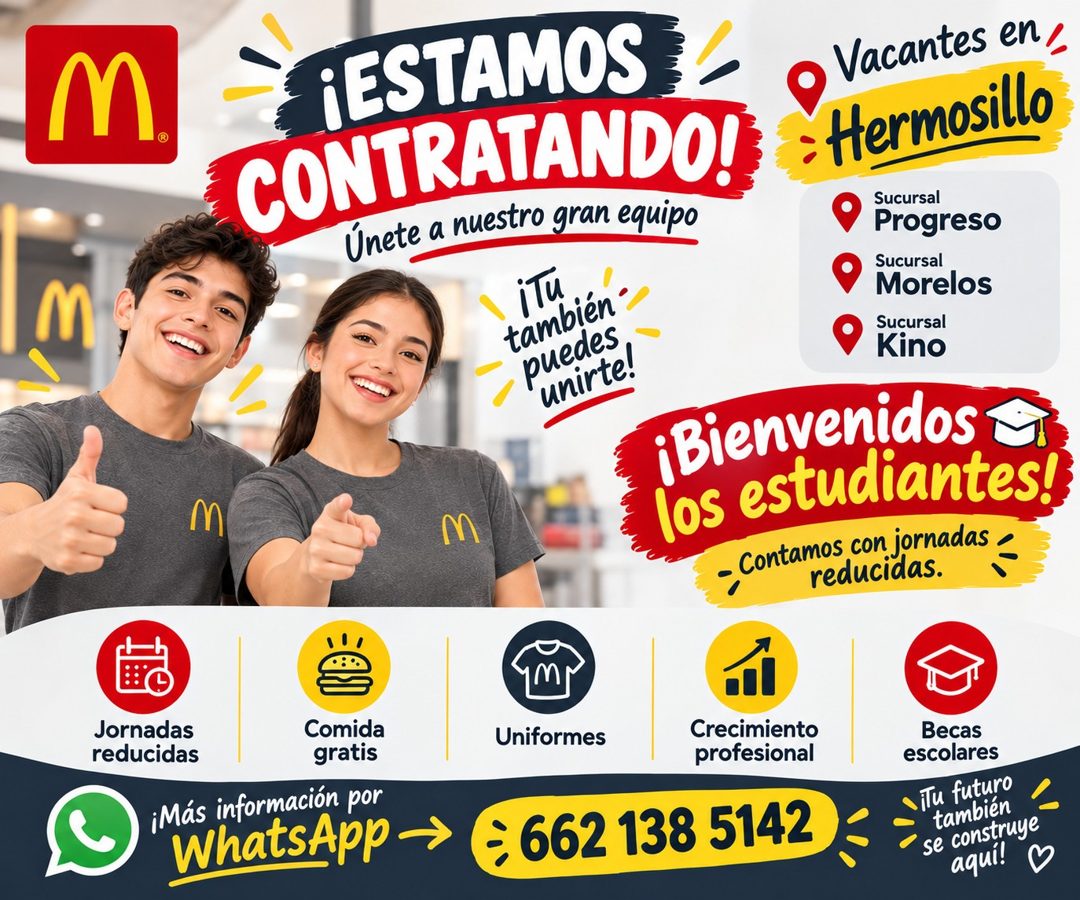 Banner del anuncio de la vacante: M · M · ¡ESTAMOS · CONTRATANDO! · Únete a nuestro gran equipo · іти · también · puedes · unirte! · M · Vacantes en, · Hermosillo · Sucursal 