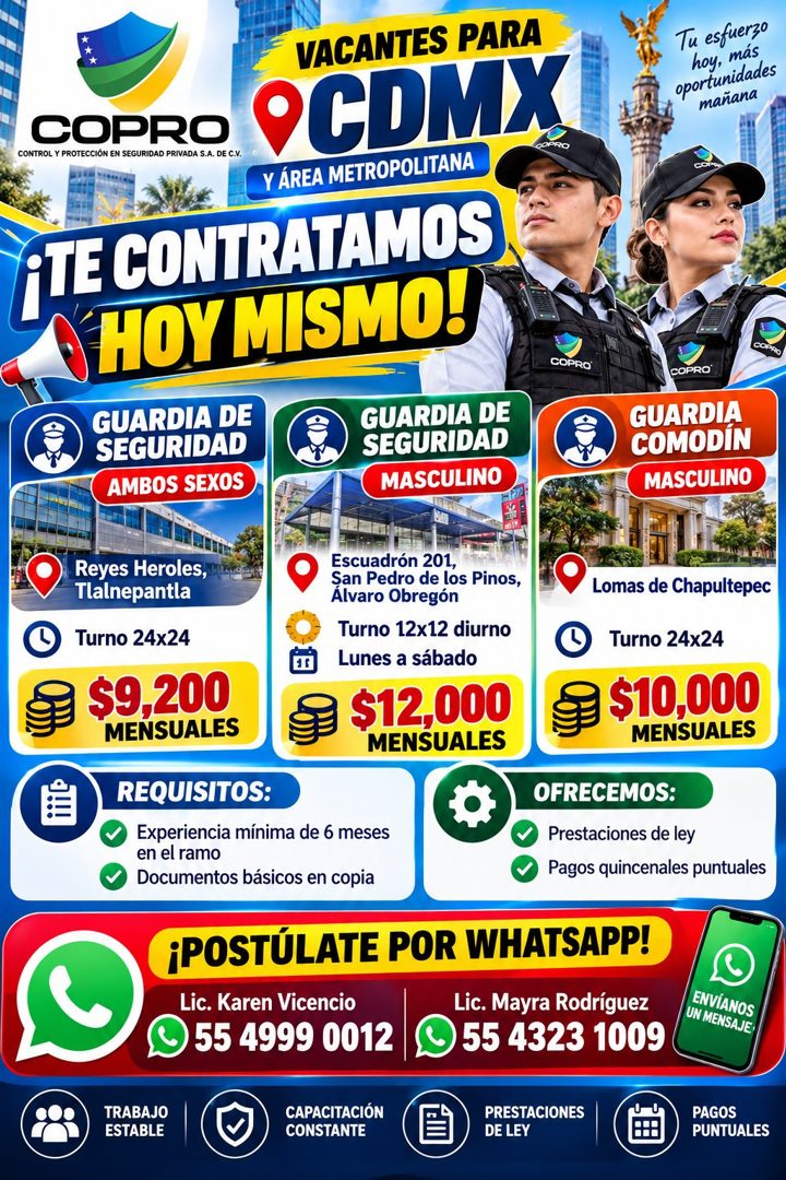 Banner del anuncio de la vacante: VACANTES PARA · COPRO · CONTROL Y PROTECCIÓN EN SEGURIDAD PRIVADA S.A. DE C.V. · 9CDMX · Y ÁREA METROPOLITANA · ¡TE CONTRATAMOS · HOY MISMO!